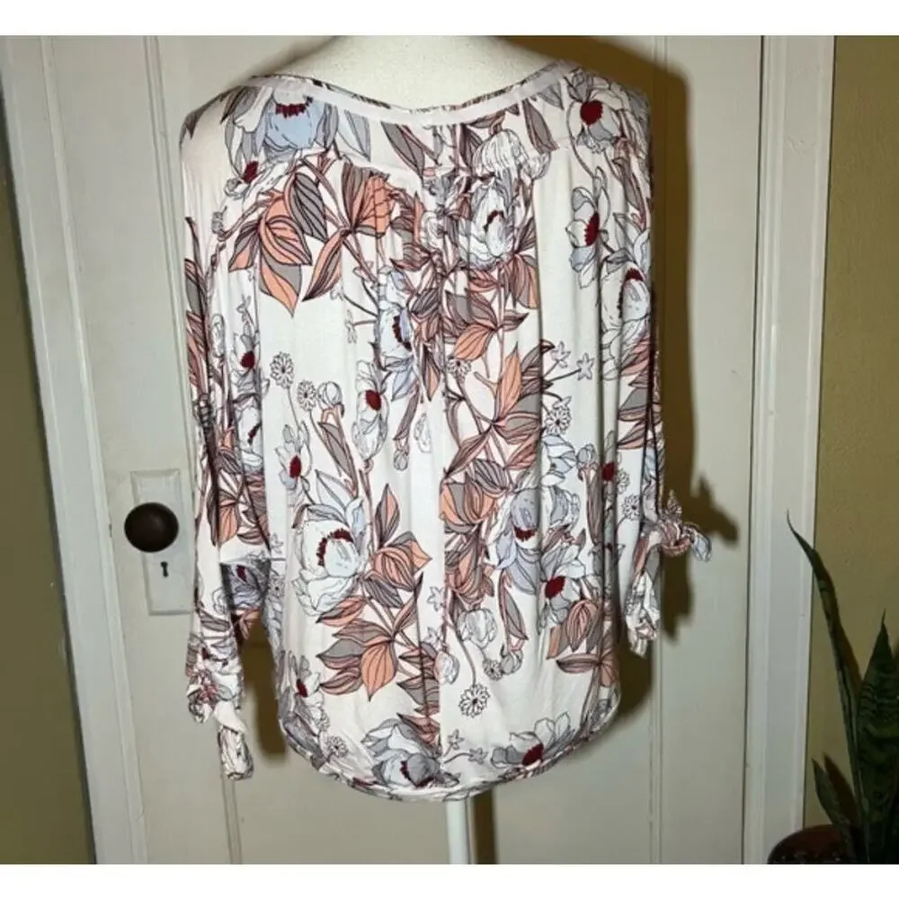 Free People Floral Print Tie Sleeve Slouch Blouse Lightweight Boho Pink White XS